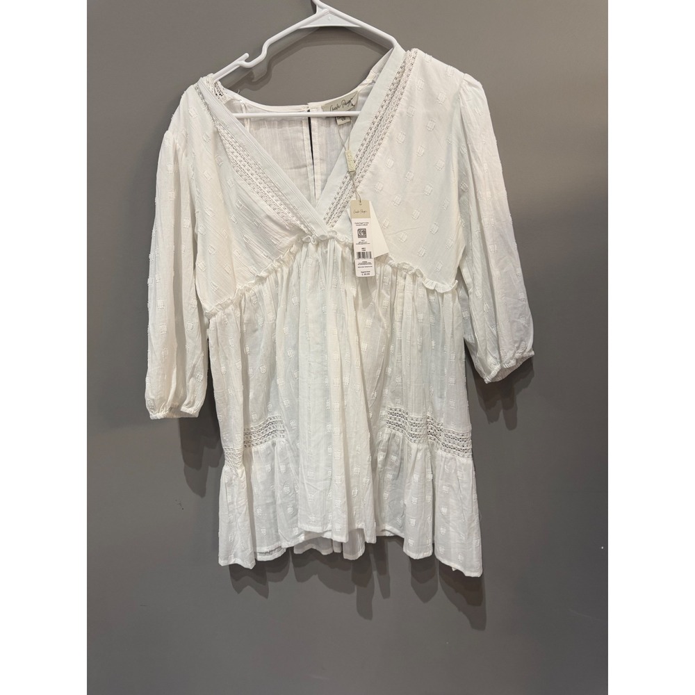 Charlie Paige White Swiss Dot Crochet Lace Tunic Top V-Neck Babydoll Small NWT